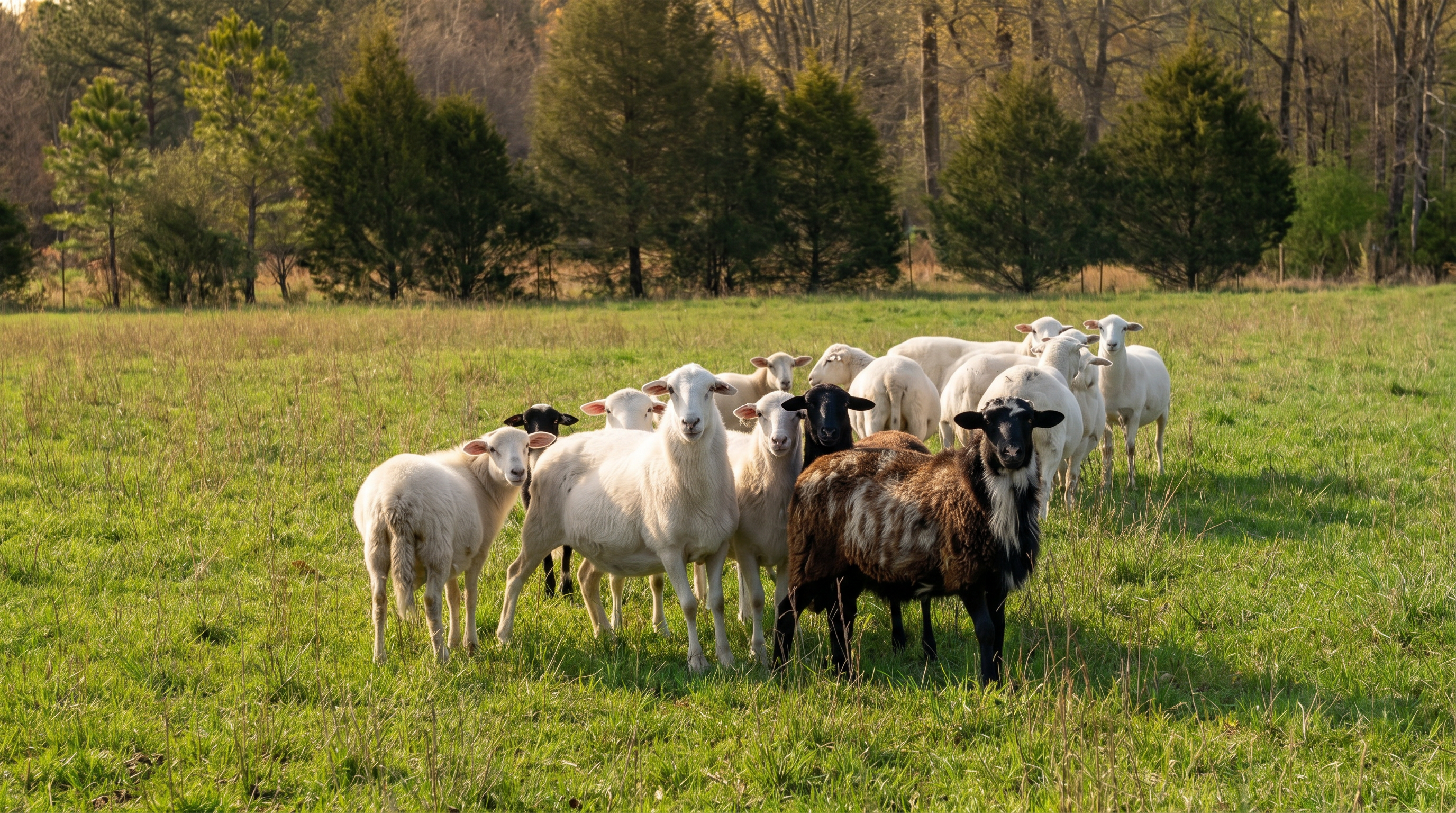 Katahdin sheep flock on lush green regenerative pasture